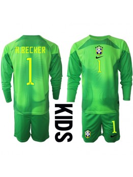 Brasilien Alisson Becker #1 Målvakt Replika Borta Kläder Barn VM 2022 Långärmad (+ byxor)